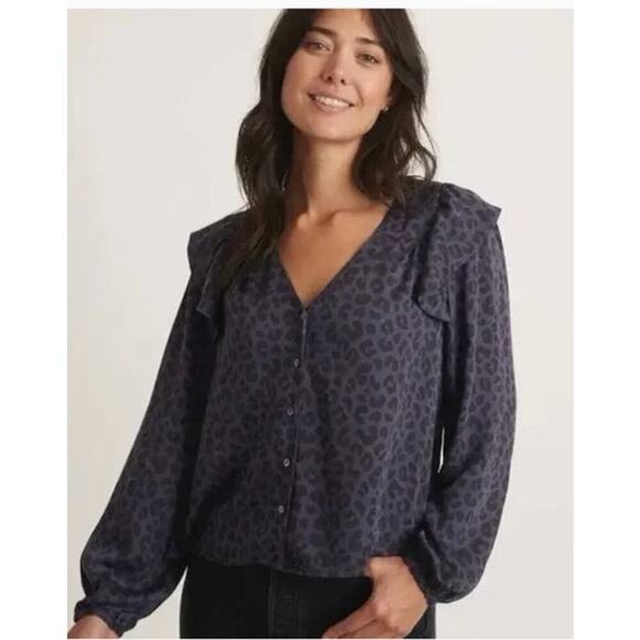 Marine Layer Rory Top Cheetah Animal Print Ruffle Long Sleeve Top Blue NWT S - Picture 3 of 8